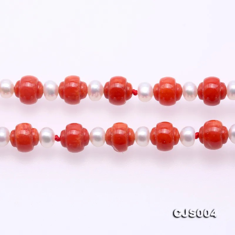

JYX Delicate 7mm Carved Red Coral and White Pearl Necklace Bracelet jewelry Handmade Women Mother Gift 18.5/8inches