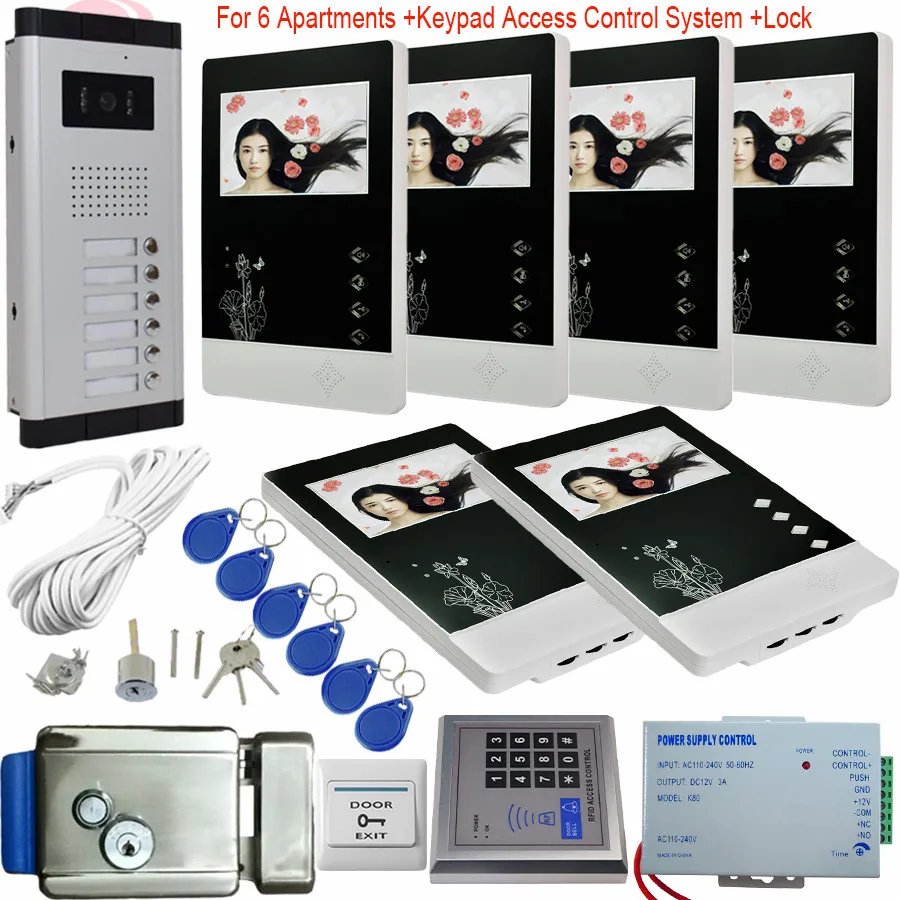 

6 Apartments Video Intercom With Electronic Lock 4.3Inch Video Door Phone 6 Monitors + Access Control System IR Night Vision Kit