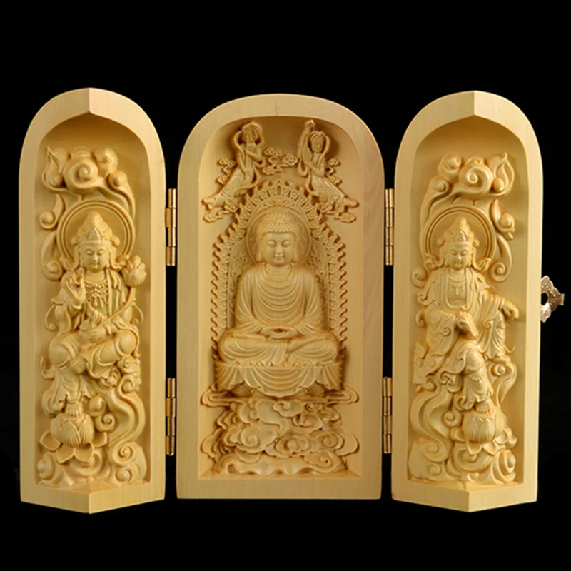 

Niches Western Sansheng Guanyin Huangyang Wood Carved Solid Wood Decoration Buddha Statue Carried with Fulushou Sankai Buddha Ni