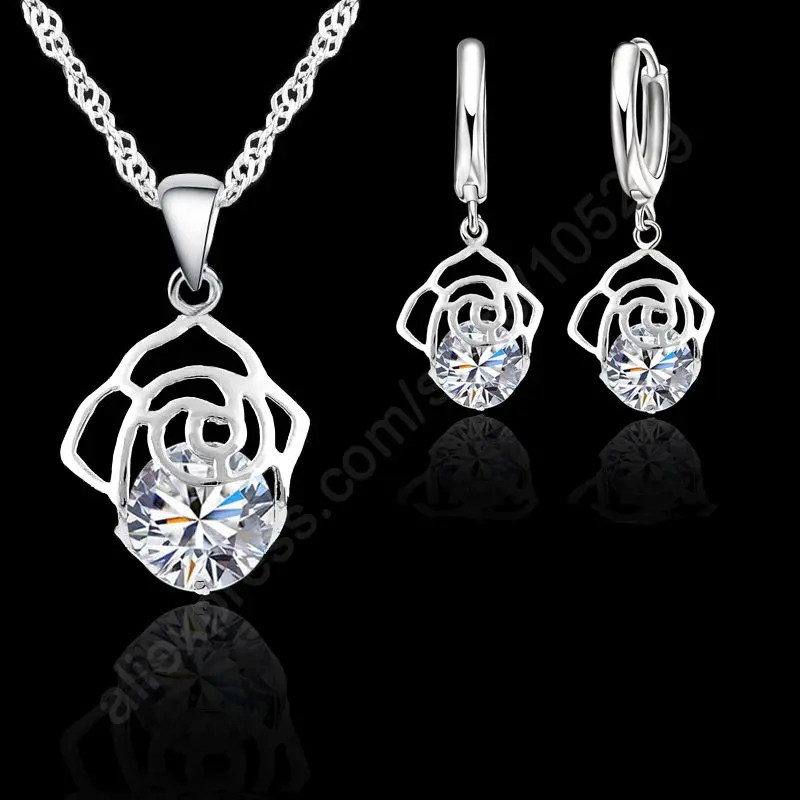 

Grace Engagment Wedding Korea Flower 925 Sterling Silver Crystal Stone Pendant Necklace Earrings Woman Bridal Jewelry Set