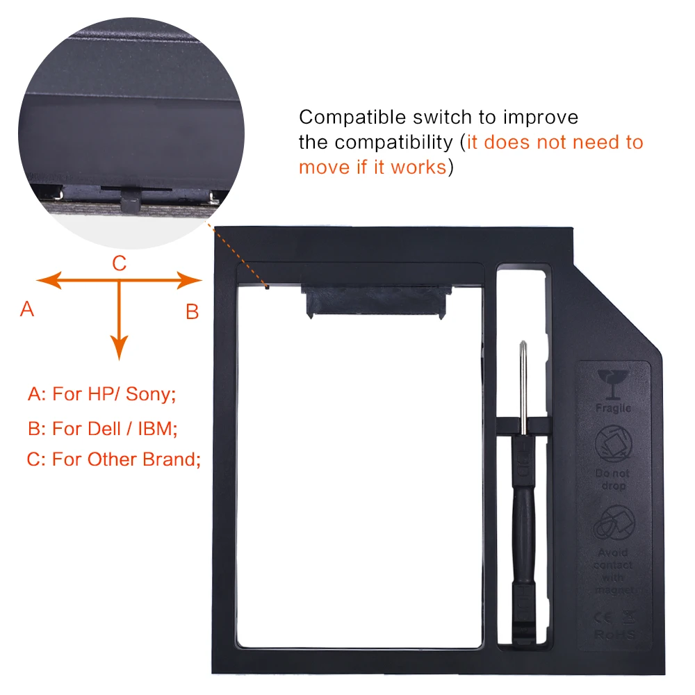 Новый пластиковый универсальный 2 й HDD Caddy 12 7 мм SATA 3 0 для 5 'ƍ 9 чехол SSD корпус DVD