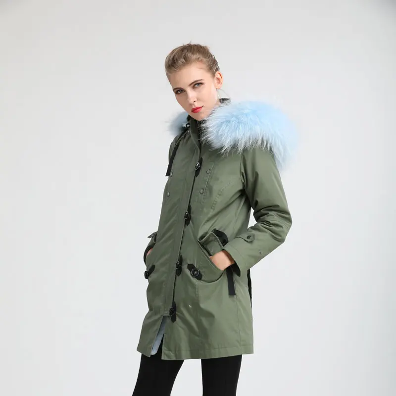 2018 длинная стильная небесно-голубая элегантная теплая меховая парка зимняя