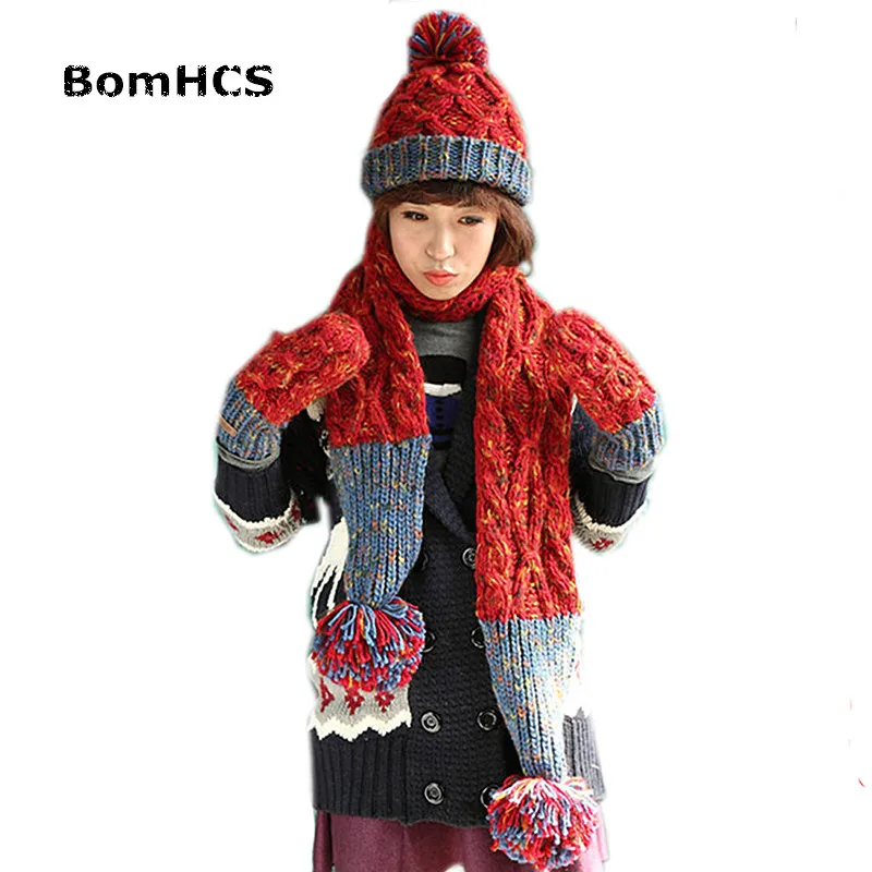 BomHCS 3 Pcs Suit Warm Winter Handmade Knit Gloves + Scarf + Hat Cute Two Colors Mosaic