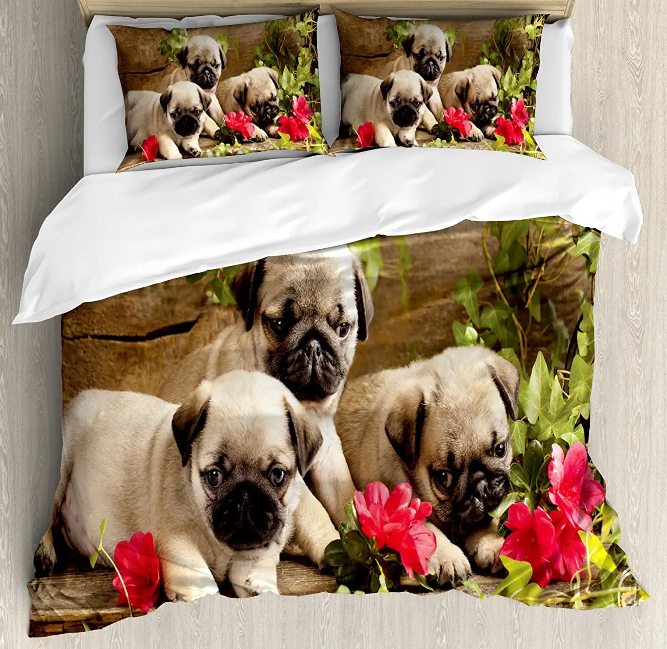 Pug Duvet Cover Set Cute Sibling Puppies with Floral Arrangement in front Wooden Backdrop 4 Piece Bedding | Дом и сад