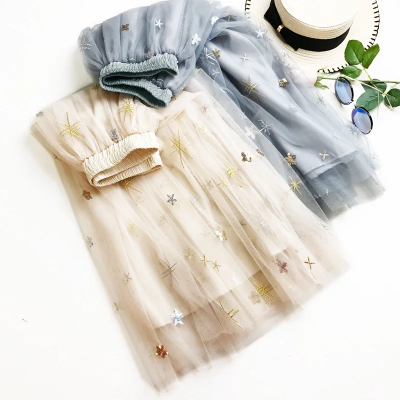 2019 Spring &amp Summer Fashion Korean Style Big Swing Maxi Skirts Womens High Waist Embroidered Star Tutu Adult Long Tulle Skirt | Женская