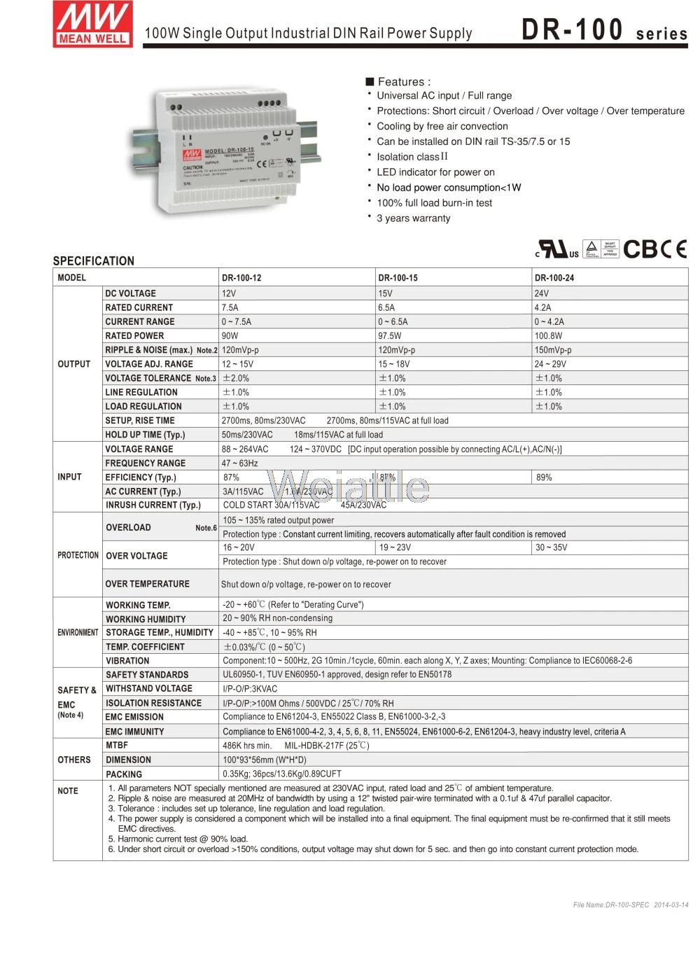 12V 15V 24V MEAN WELL original 4.2A 6.5A 7.5A 97.5W Single Output Industrial DIN Rail Power Supply DR-100-12 DR-100-15 DR-100-24 |