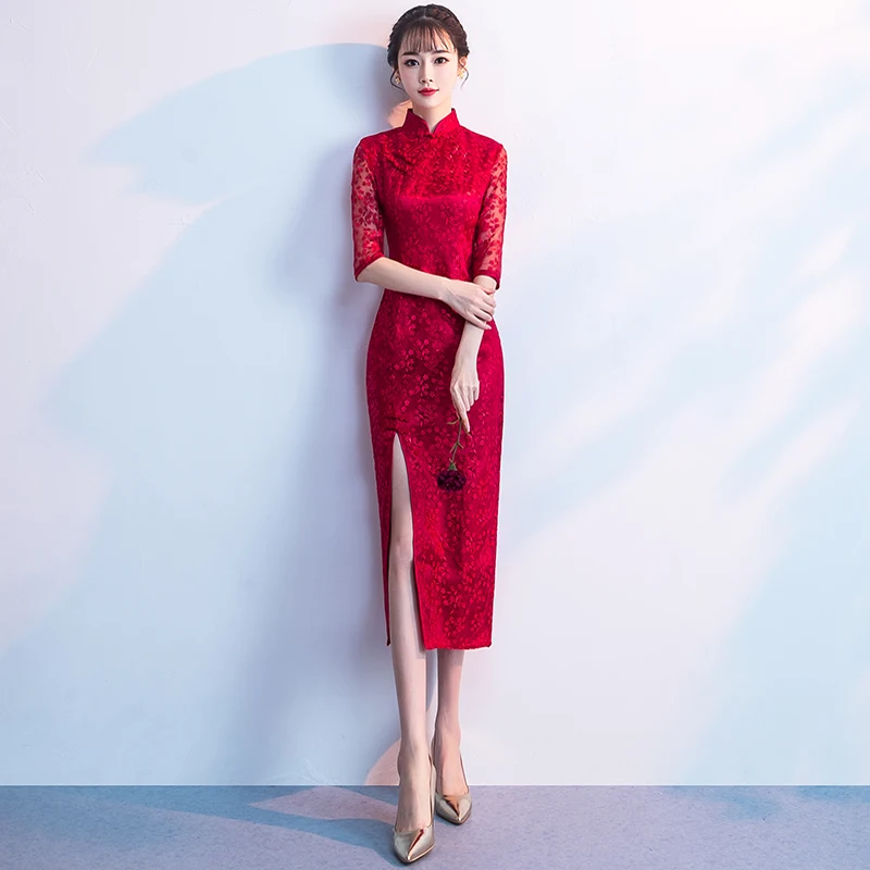 Национальный Ветер женское кружевное короткое cheongsam сексуальный Тан костюм cheongsam кружевное китайское платье розовый черный - Цвет: color12