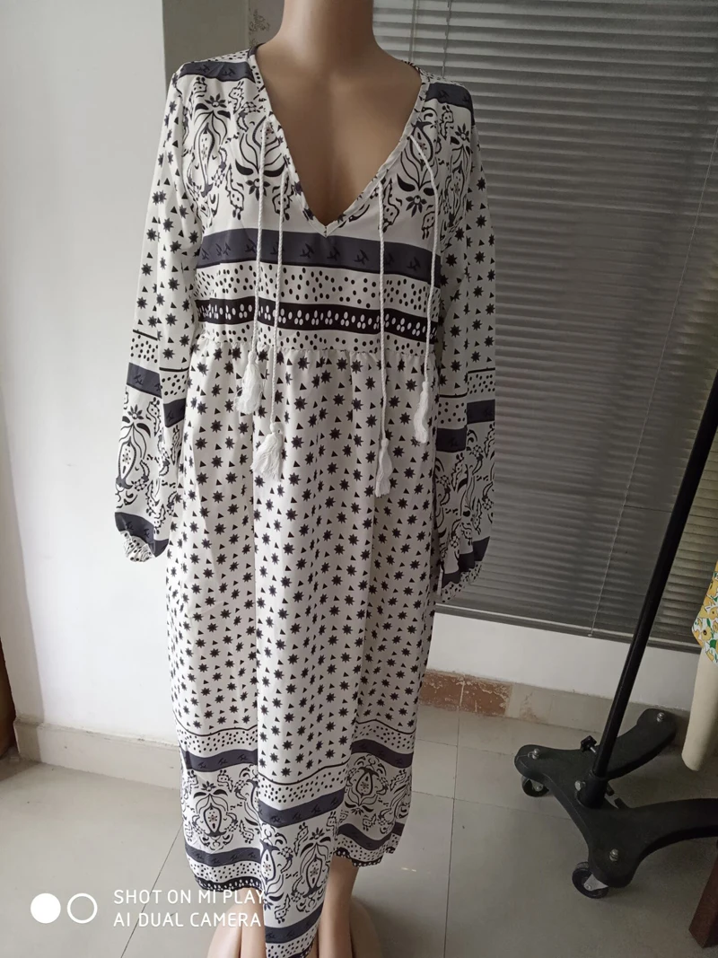 5XL Сексуальное Женское Платье с v-образным вырезом длинным рукавом и принтом Бохо