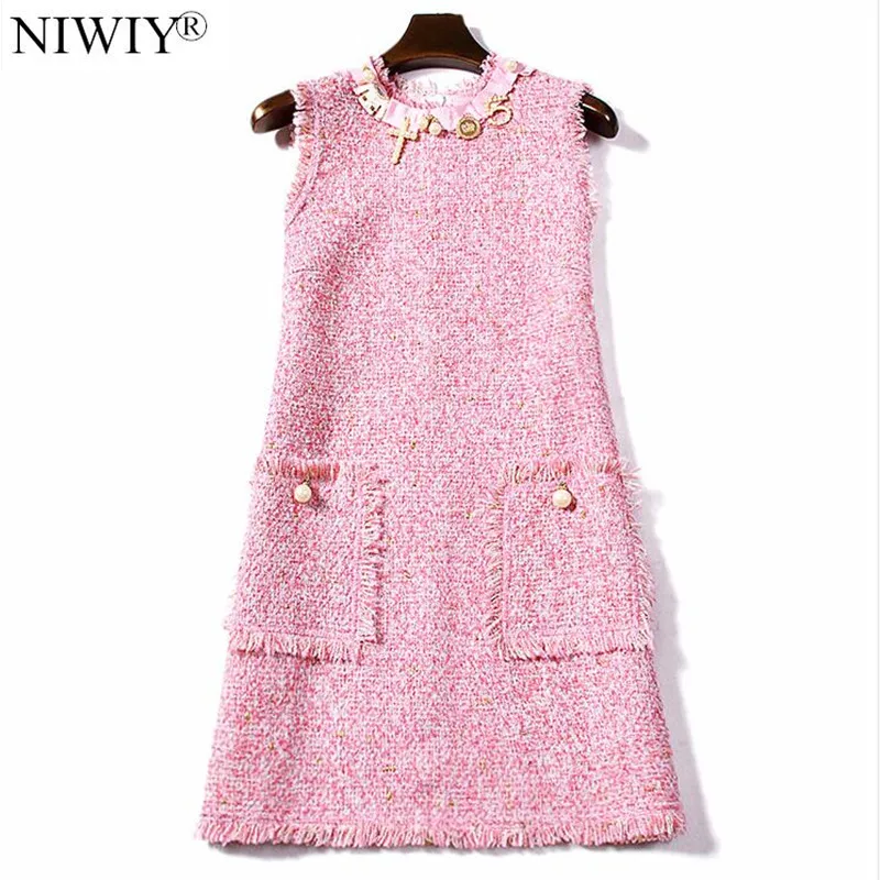 

NIWIY Women Autumn Tweed Pink Bead Office Party Dress Zomerjurk Dames 2021 Midi Vintage Dress Robe Femme Vestidos De Festa N8089