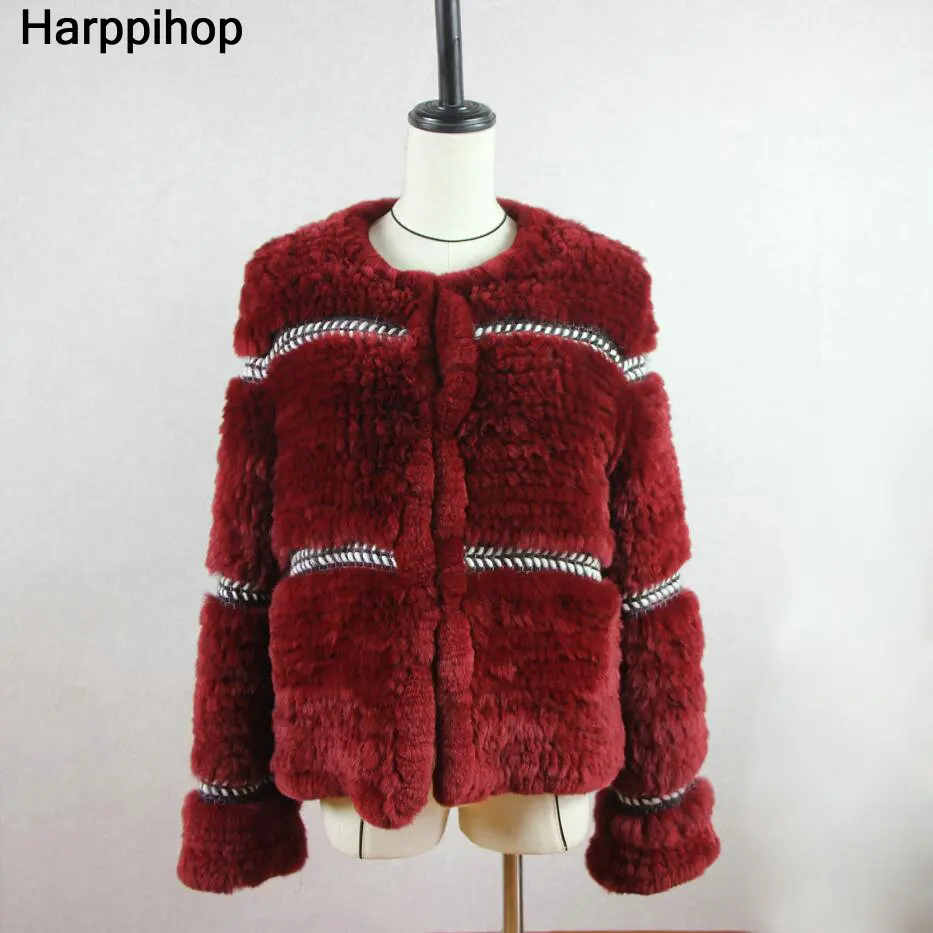 Harppihop, Рекс, вязаная шуба из натурального кроличьего меха, женская модная длинная куртка из кроличьего меха, верхняя одежда, зимнее меховое пальто - Цвет: Красный