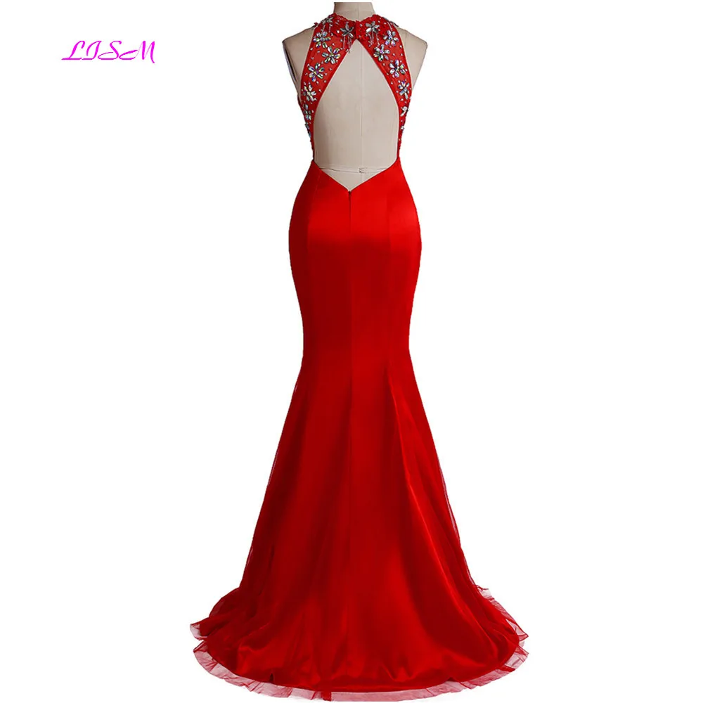 Red Mermaid Long Evening Dress Real Photos Halter Sleeveless Beaded Prom Party Dresses Sexy Split Open Back Formal Gowns | Свадьбы и