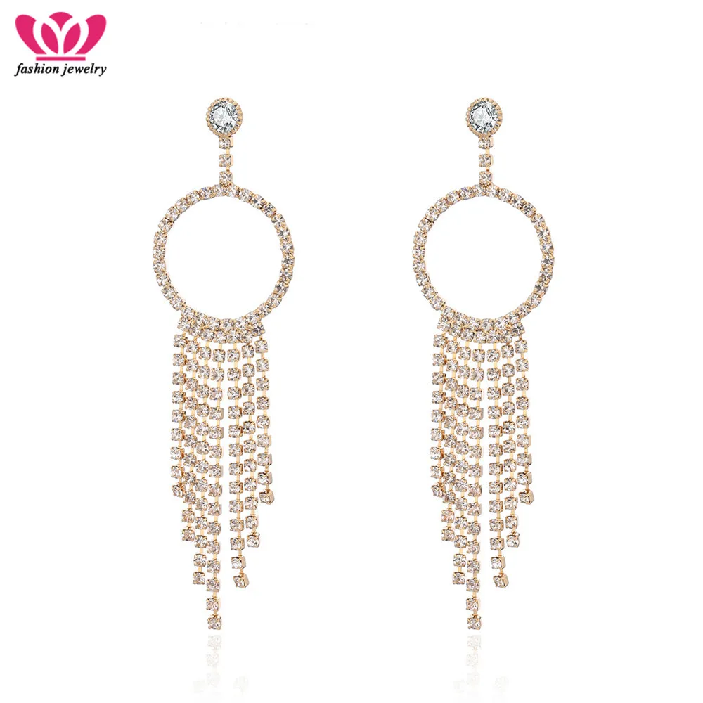 

Elegant Crystal Geometric Earrings Round With Long Tassels Cubic Zirconia Trendy Style Jewelry For Fashion Women Earring Gifts