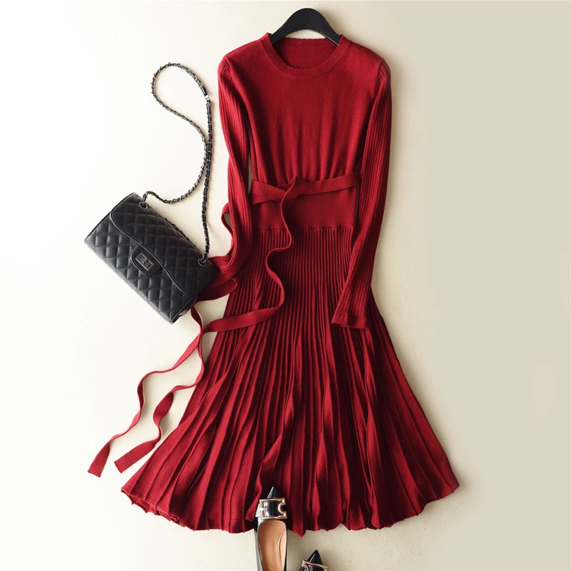 Мода 2017 г. О образным вырезом вязаный свитер с длинным рукавом шерстяное Платья