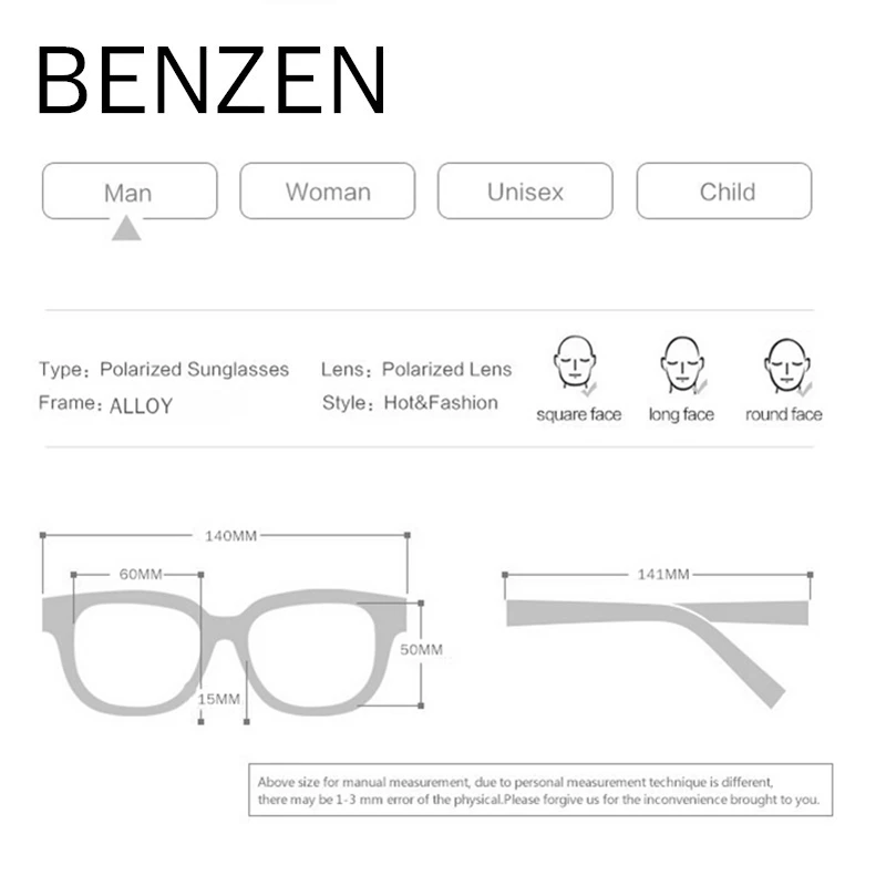 Солнцезащитные очки BENZEN мужские/женские поляризационные винтажные авиаторы в