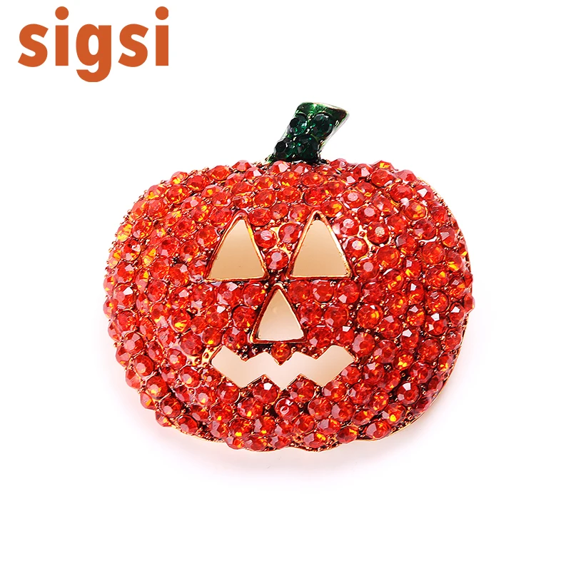 

100pcs hot selling vintage red pumpkin gold plated rhinestone ghost mask fancy brooch pin, safety halloween party gift broach