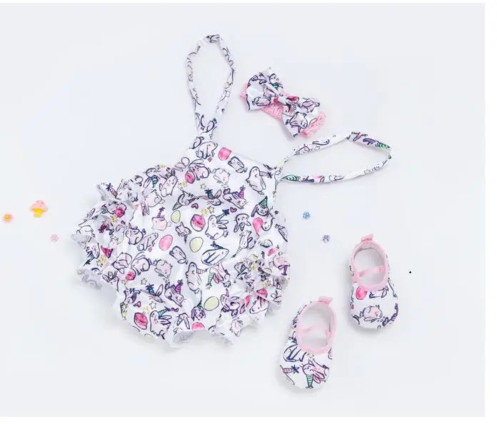 

20-23inch Cotton Baby Romper Dress Girls Print Ruffle Dresses shoe 3Pcs Sets flower Infant Princess Clothes bebe dolls accessory