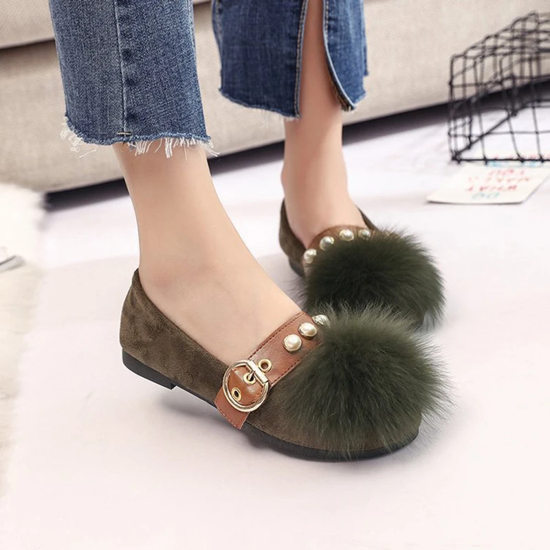 Лисий мех помпоном женские мокасины жемчужной пряжкой на лоферы из флока женская