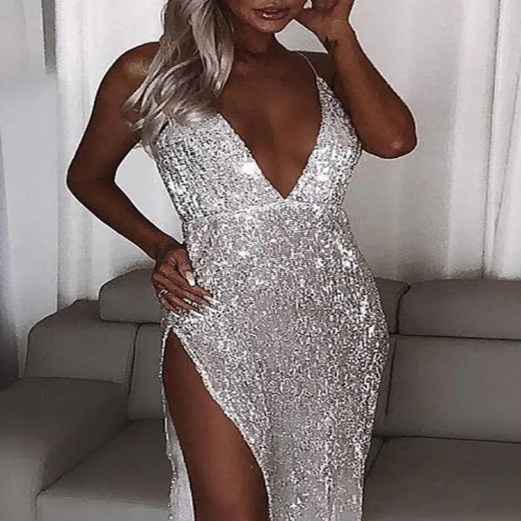 Женское вечернее платье длинное с блестками и глубоким вырезом|Женские платья| |