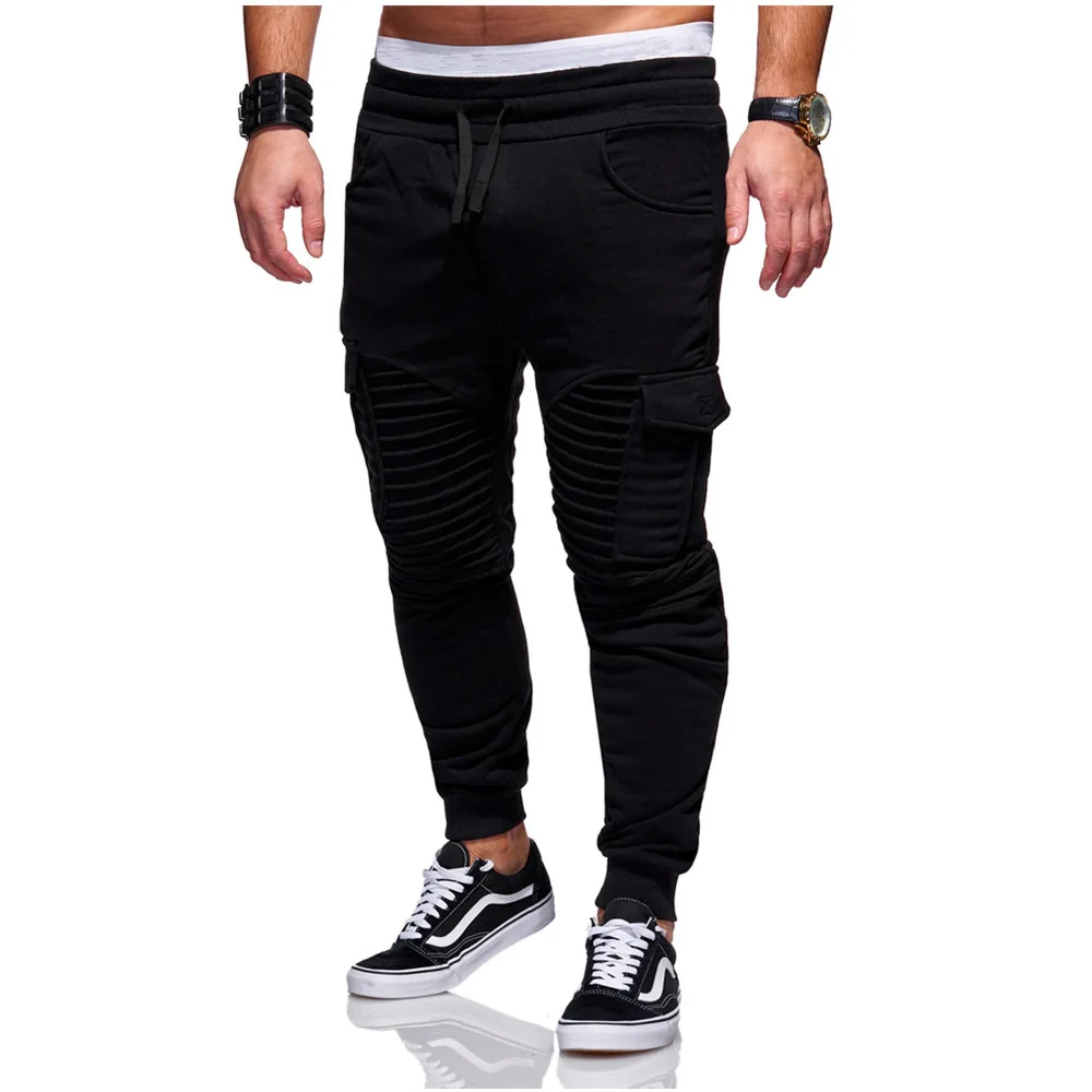 

Mens Solid Color Cotton Pants Teens Fashion Casual Trousers Autumn Winter New Male Pleated Pants Pockets Pants