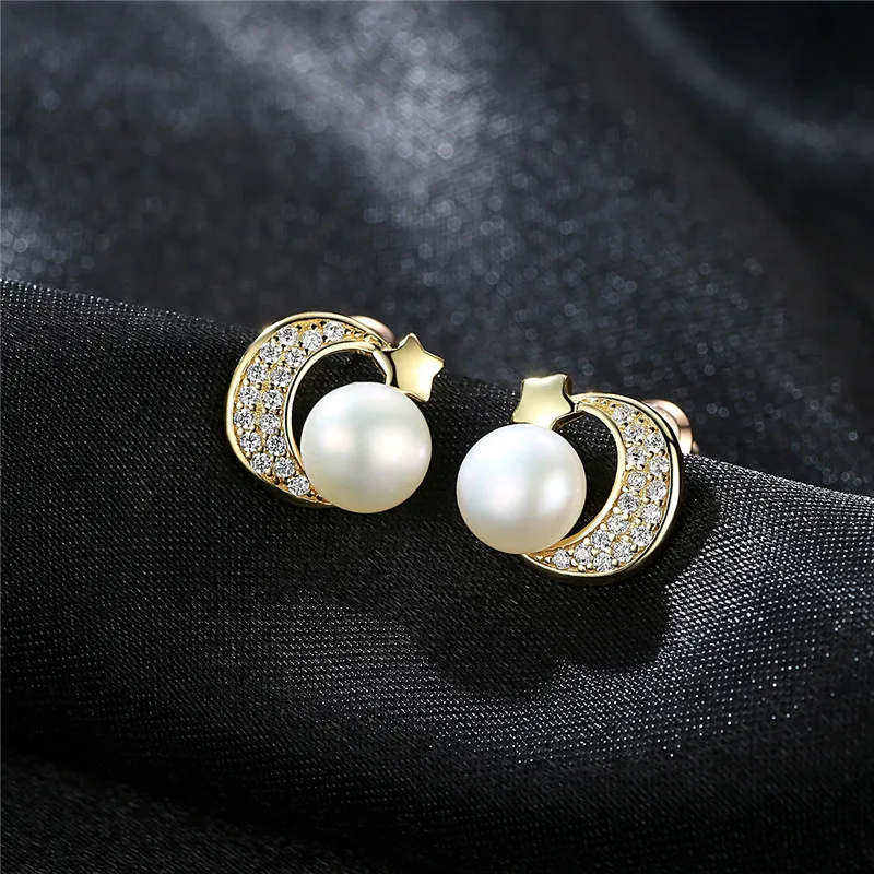 100% 925 Sterling Silver Natural Pearl Earrings for Women Business Star Moon Wedding | Украшения и аксессуары