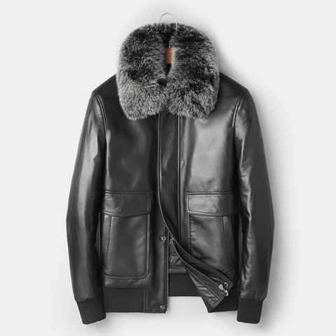 pilot leather coat Зимнее мужское кожаное пальто с лисьим меховым воротником, пальто из натуральной кожи, пуховик, стиль пилот, кожа овчины, мужская кожаная куртка, новинка - Цвет: pilot leather coat