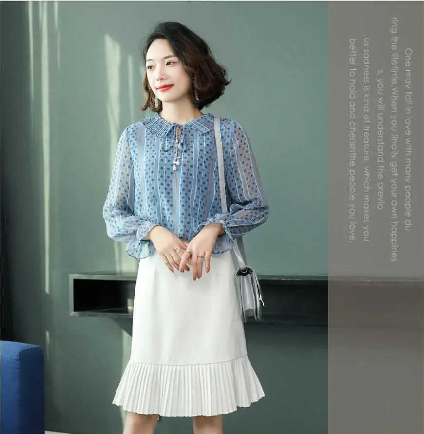 

2019 Spring New Polka Dots Chiffon Shirt Elegant Women Blouses Tops Long Sleeve Fashion Casual Woman Shirt