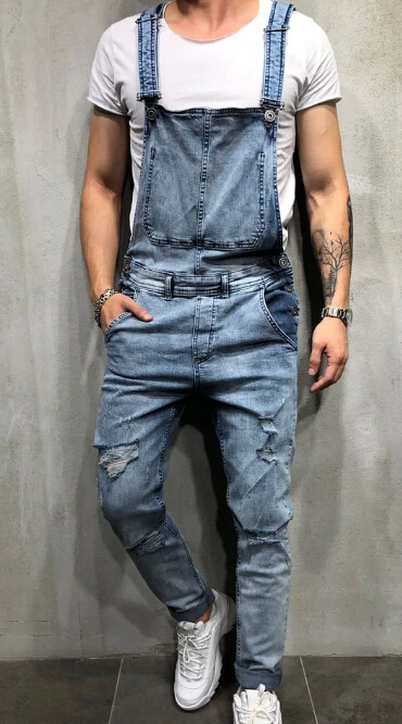 Синий Модные мужские рваные джинсы комбинезоны Hi Street Distressed Denim bib Комбинезоны для мужчин брюки на подтяжках Размер S-XXXL - Цвет: Синий