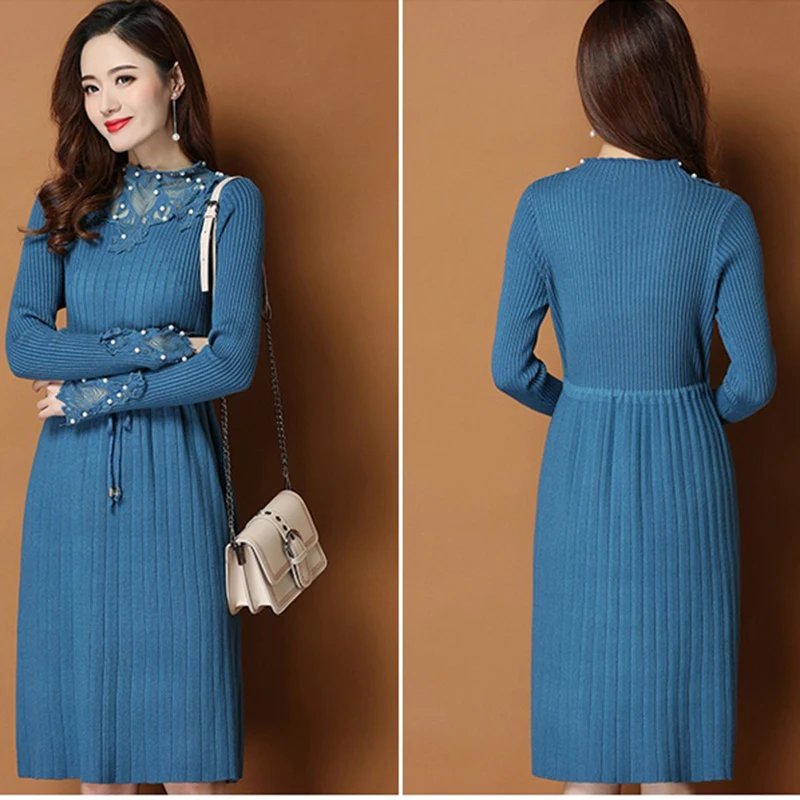 Женское трикотажное платье Новое Кружевное вязаное платье-свитер миди с бисером
