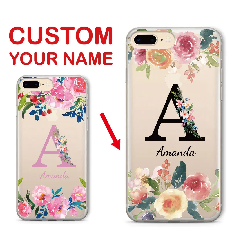 

Custom Personalized Name Floral Flower Monogram For iPhone 12 XR 6S XS Max 7 7Plus 8 8Plus 5 X 11 Pro Max Soft Clear Phone Case