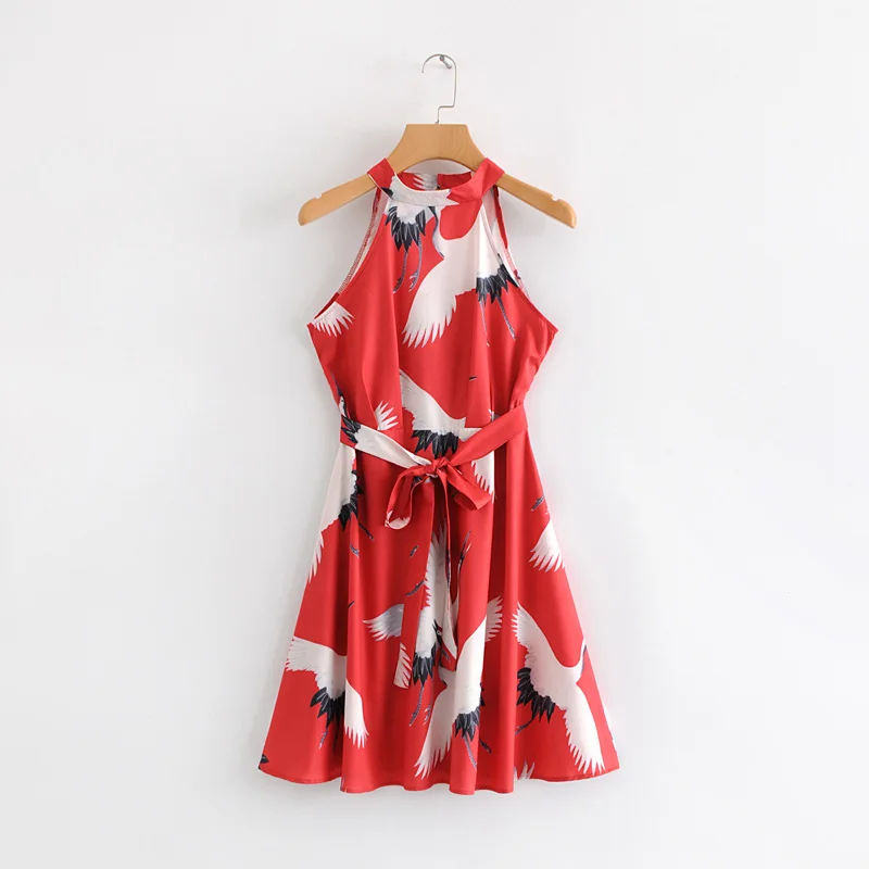 2019 женское платье без рукавов с милым принтом Журавля поясом на шее Женские