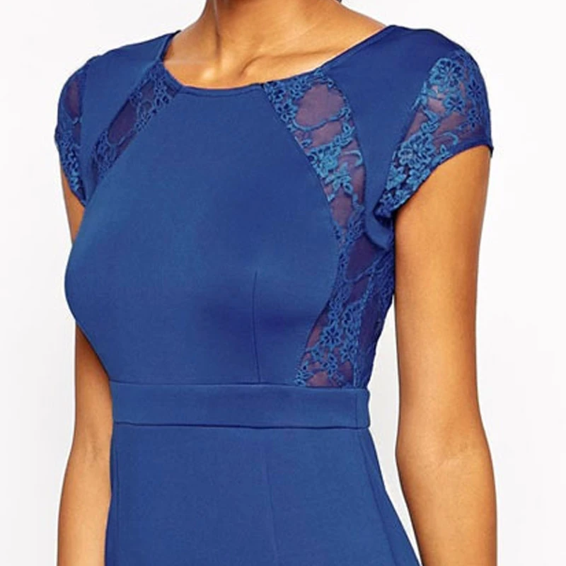 Hot Sale 2015 Elegant Hip-hugging FIguring Lace Split Joint Falbala Boat Neckline Short Sleeve Dress Blue Free Shipping | Женская одежда