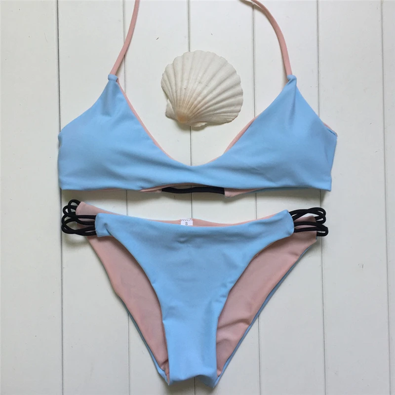 2019 Сращивание бикини женский синий Холтер Бандажное с заниженной талией
