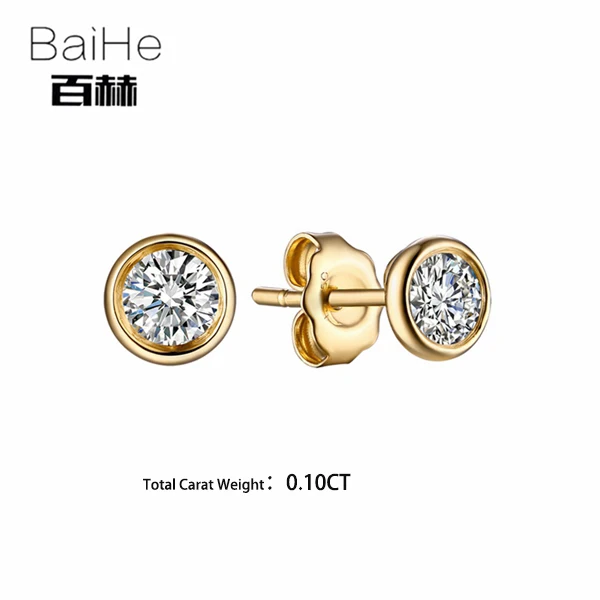 0.10ct BAIHE Твердые 14 к желтое золото всего 0.20ct H/SI натуральные бриллианты женские Помолвочные мужские Подгонянные алмазные размеры круглые серьги-гвоздики - Цвет камня: 0.10ct