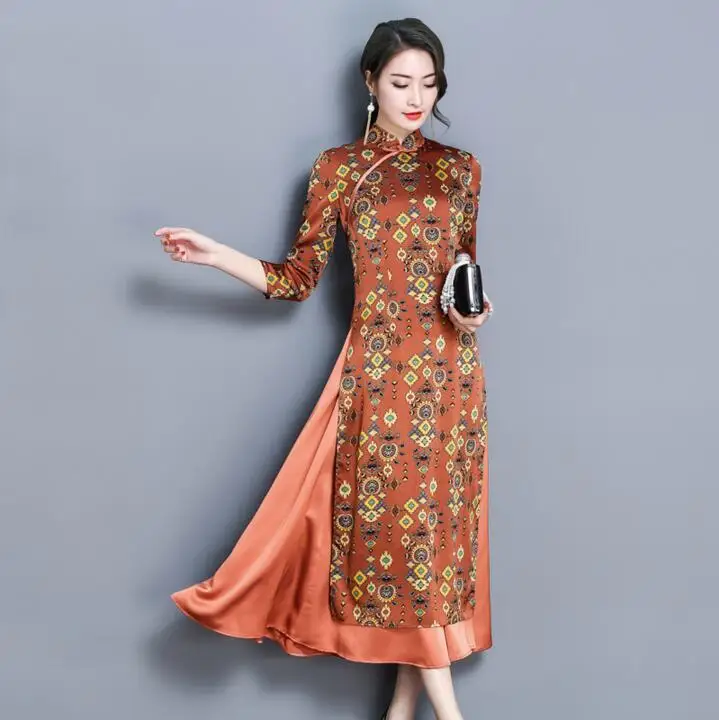 Очаровательное Ретро китайское женское осенне зимнее платье Чонсам Ао Дай