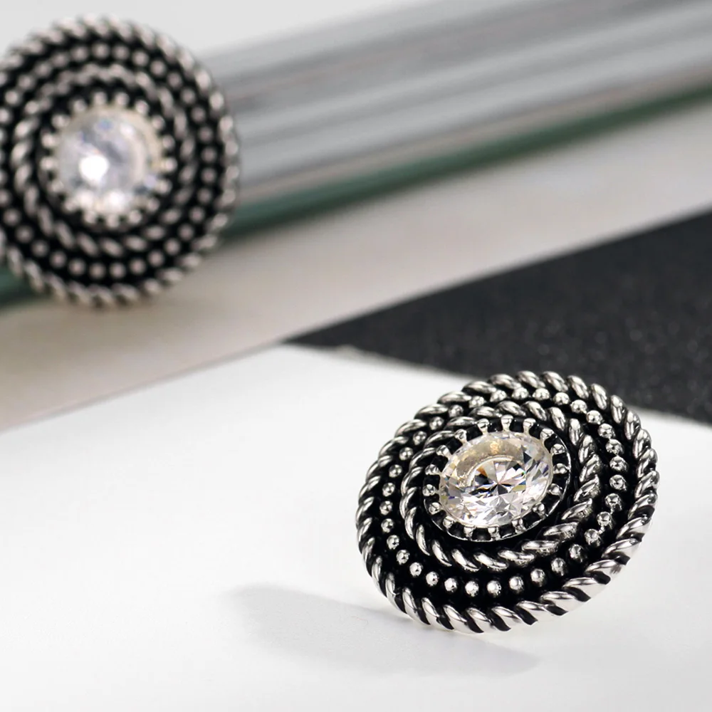 Neoglory Vintage Zircon Button Earrings For Women Silver Plated Black Round Jewelry Wholesale Twisted Rope Setting FA | Украшения и