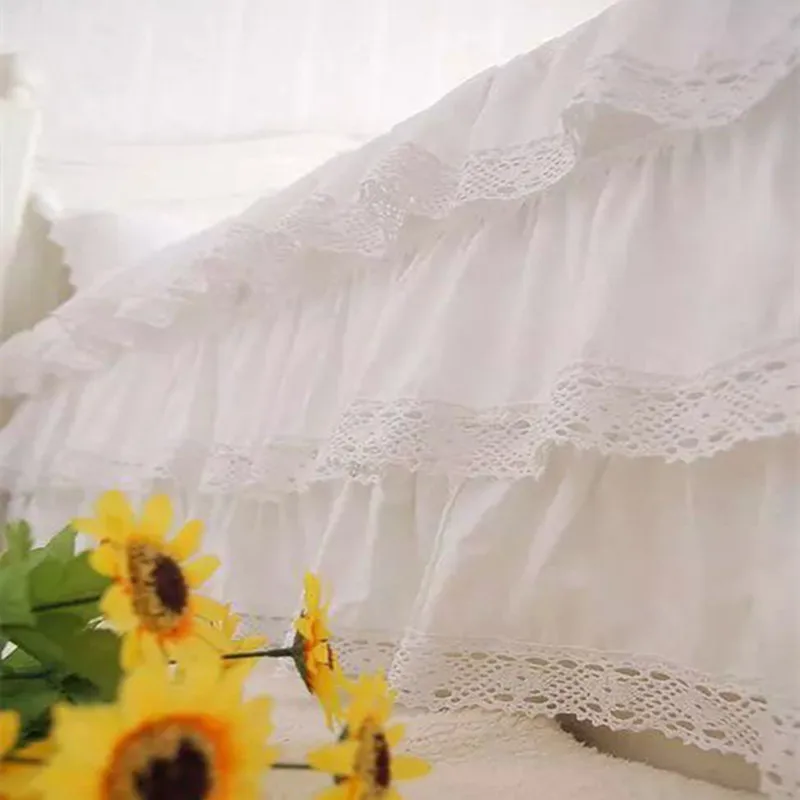 Free shipping 100%cotton deluxe three cake layers type white satin lace one-piece bed skirt 45cm height apron bedspread | Дом и сад