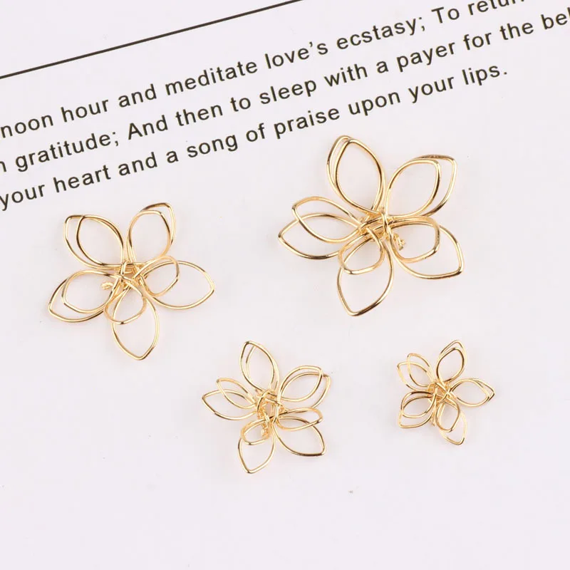 DIY ювелирные аксессуары, медное покрытие, 18k золото, полые трехмерные двойные цветочные серьги, кулон материал 6 штук