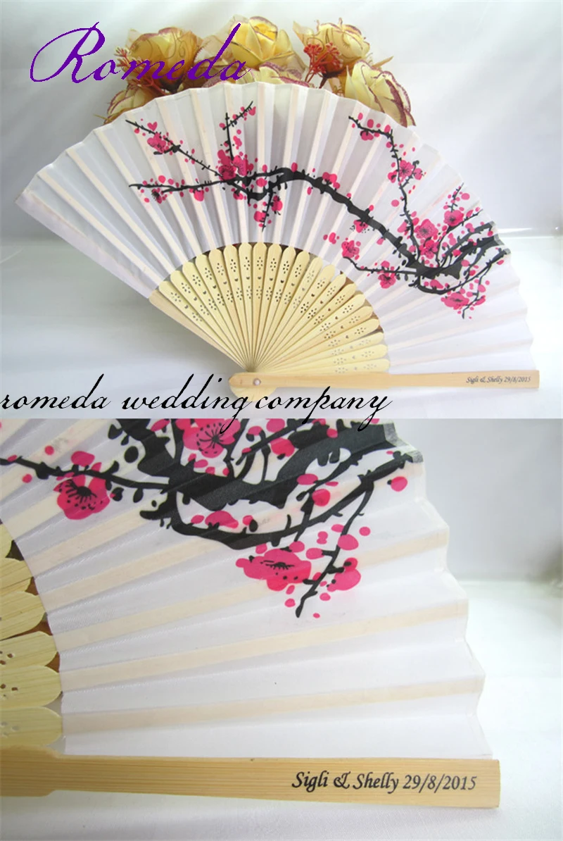 

Cherry Blossom Silk Folding Hand Fan with Plum Blossom printed and Personalized Logo Wedding Guests Favors Gifts