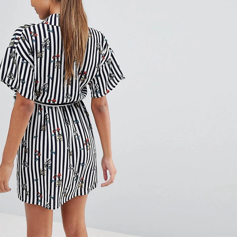 Women shirt style short dress 2019 Flower print stripe spring summer vestidos Belt decoration casual A-line | Женская одежда