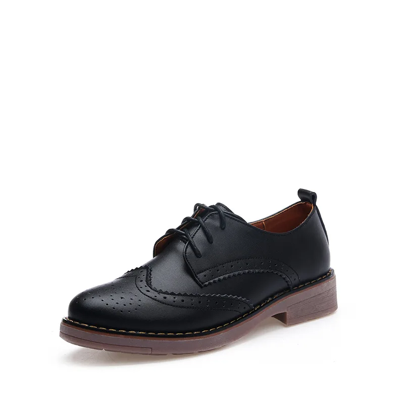 Black Shoes Ariari/женские туфли-оксфорды в британском стиле; обувь с перфорацией типа «броги» из натуральной кожи в винтажном стиле; модные мокасины на плоской подошве с круглым носком на шнуровке; обувь на толстой мягкой подошве - Цвет: Black Shoes