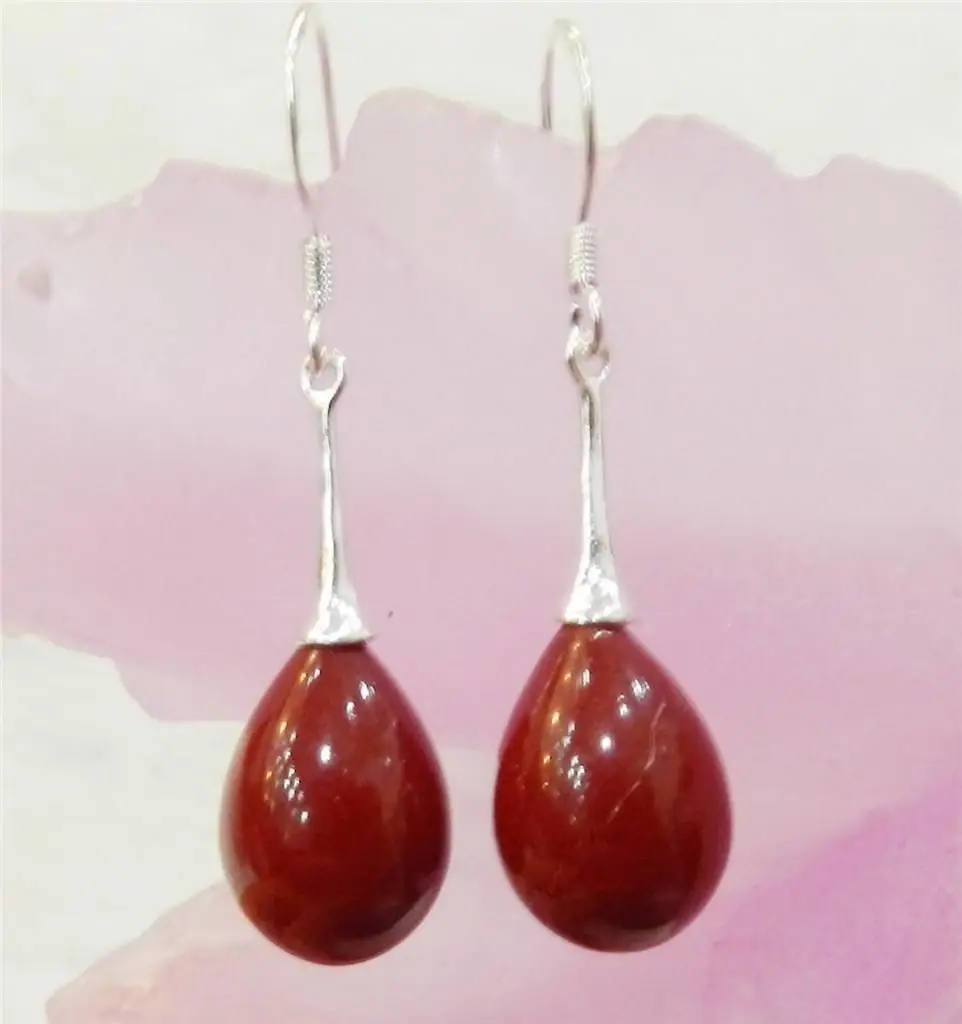 

Free shipping TEARDROP RED CORAL SILVER DANGLE EARRINGS JEWELRY 925 silver