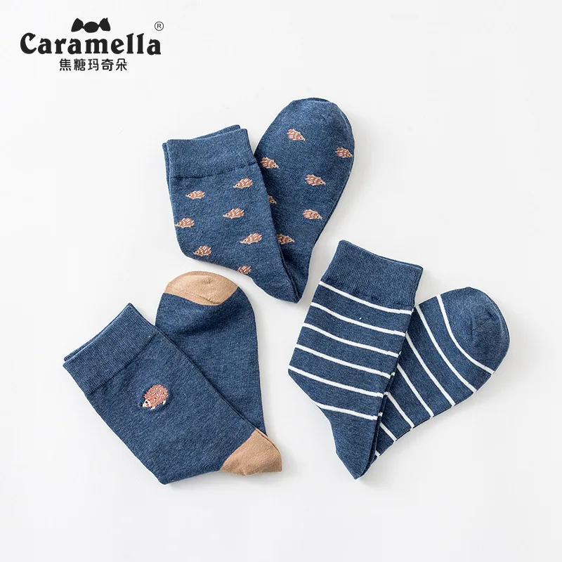 3 Pairs/Lot Caramella Men's Socks Cotton Crew Socks Mid-Calf Length Jacquard Embroidery Animal Pattern