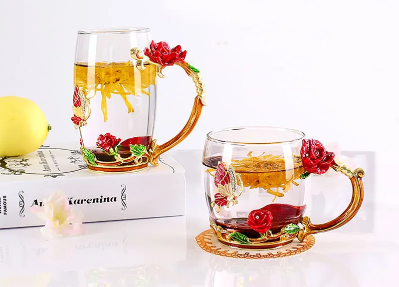 Beauty And Novelty Enamel Coffee Cup Mug Flower Tea Glass Cups for Hot and Cold Drinks Tea Cup Spoon Set Perfect Wedding Gift