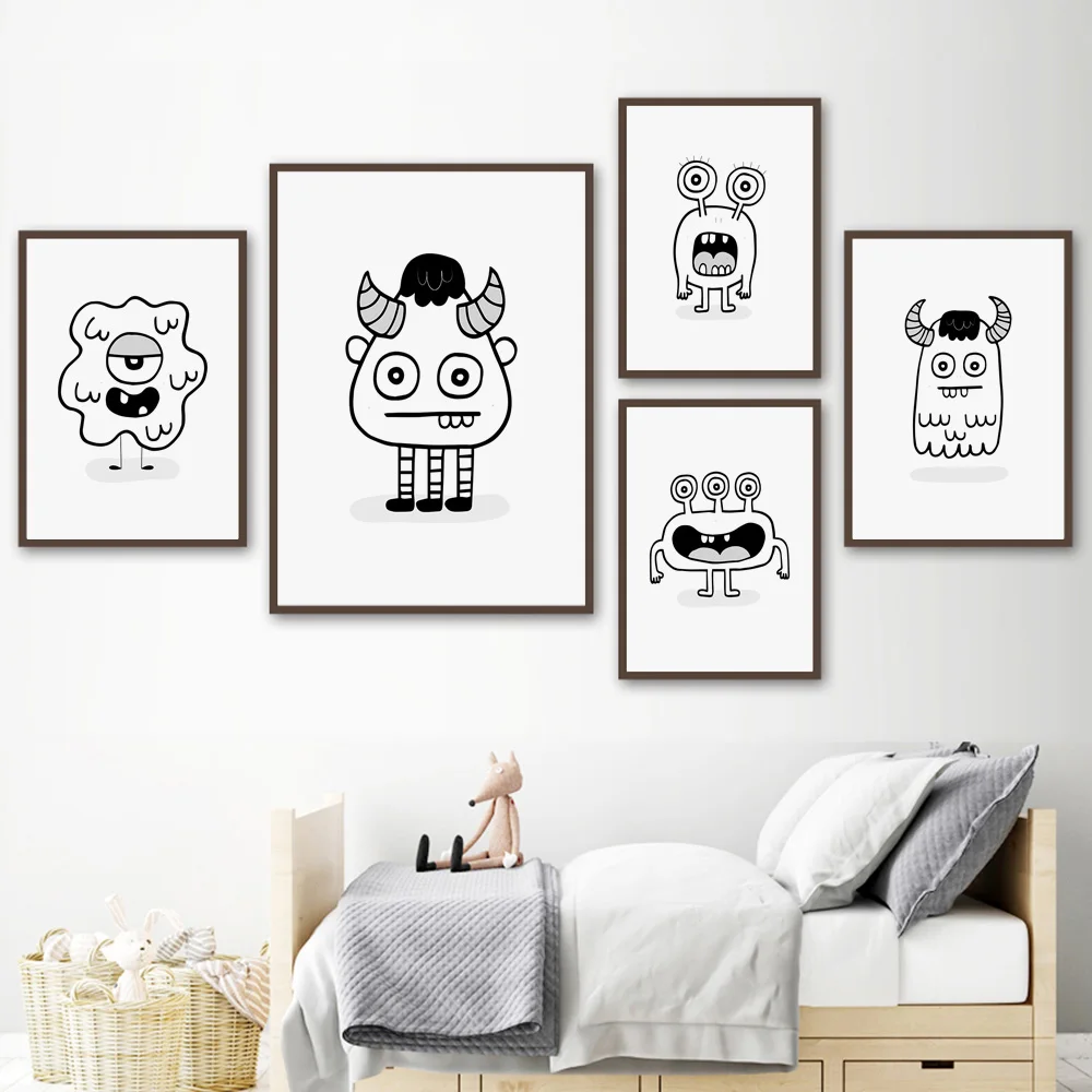 

Cartoon Pack of Hand Drawn Monsters Wall Art Canvas Painting Nordic Posters And Prints Nurser Wall Pictures Baby Kids Room Decor