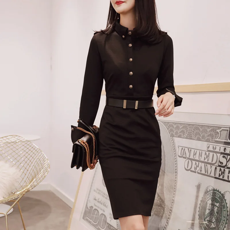 Женское Деловое платье-карандаш с воротником-стойкой и пуговицами | Женская