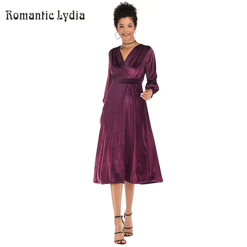 

Vintage Long Sleeve Velvet Dress Women 2019 Summer Midi Dress Spring Pleated Party Dresses Vestidos Robe Femme