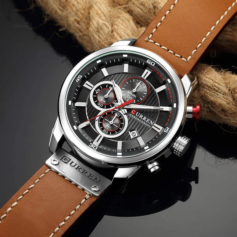 Часы хронограф мужские Кварцевые водонепроницаемые с кожаным ремешком|Мужские