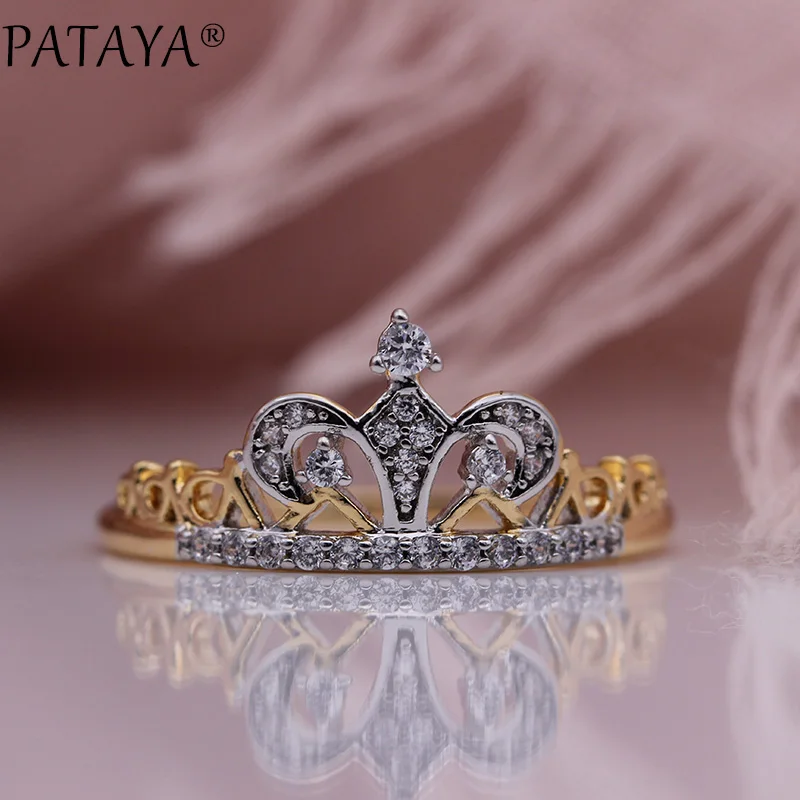 10mm PATAYA Новые двухцветные кольца с короной 585 розовое золото Белое натуральное женское циркониевое кольцо вечерние свадебные ювелирные изделия три стиля - Цвет основного камня: 10mm