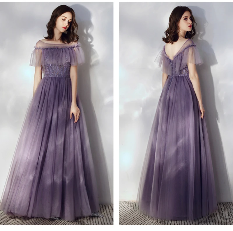 Женское вечернее платье до пола SSYFashion фиолетовое длинное с вырезом лодочкой
