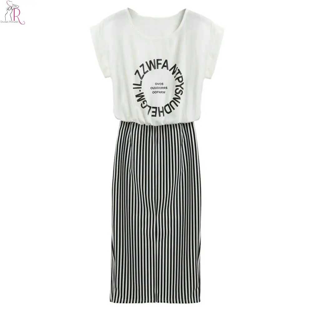 2015 Весенняя Летняя Мода Серое И Белое Полосатое Миди Платье С Рисунком Букв|blouse